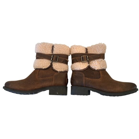 UGG Blayre III Brown Chipmunk Leather Sheepskin Buckle Zip Moto Boots - Picture 5 of 16